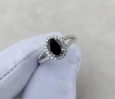 Genuine Black Onyx Oval Cut Halo Diamond Engagement Ring 14K White Gold Plated