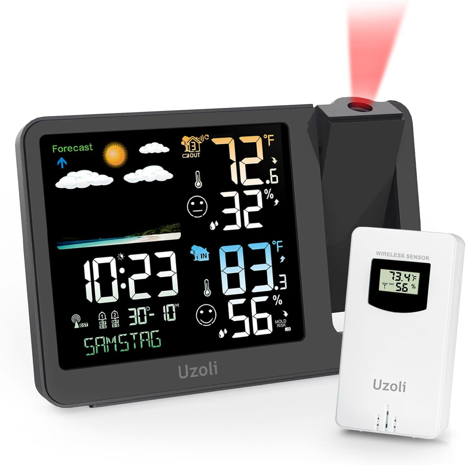 Projection Alarm Clock Weather Station, WWVB Atomic Projector Clock with Sensor,-image