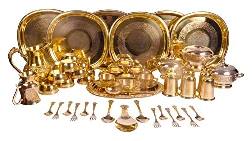 Pure Brass Dinner Set 58 Piece |Square Plate Engraved Designed |Pital  Dinner Se