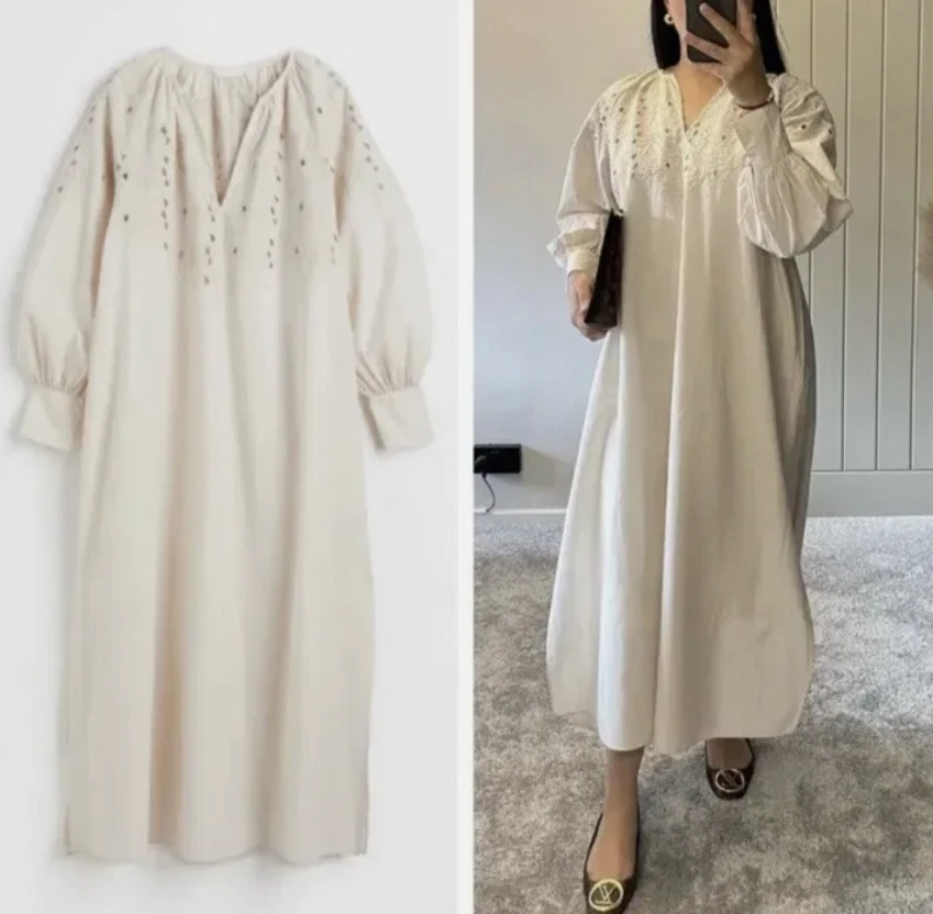 H&M Maxikleid Kleid Stickerei Broderie Anglaise Embroidered long Dress 2XL 50 52 - Bild 4 von 4