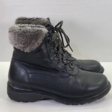 TOE WARMERS CANADA Women 7W Waterproof Black Leather Boots Gray Faux Fur Lined