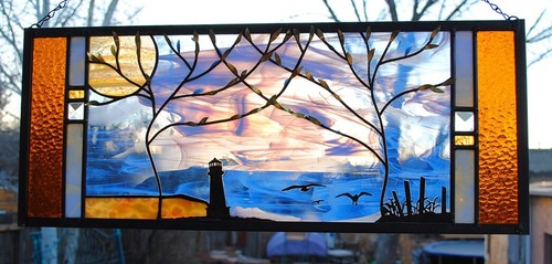 Stained Glass Window Panel Lighthouse beach  blue gold mica