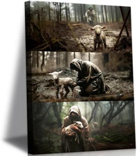 Jesus Protect A Lamb Canvas Wall Printing Art, Christian Poster Religious Decor
