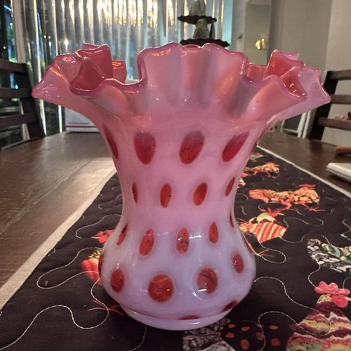 Vintage Fenton Coin Dot Cranberry Opalescent Ruffled Edge Vase