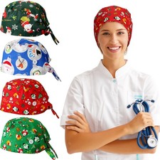 4 PCS Christmas Scrub Caps With Button Sweatband Adjustable Printed Xmas