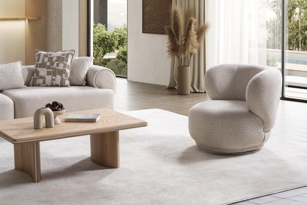 Modernes Wohnzimmer Set Aus Holz Und Textil In Beige-image