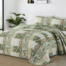 Green Quilt Set King Size,Patchwork Plaid Printed Bedspread Coverlet Set,3 Piece