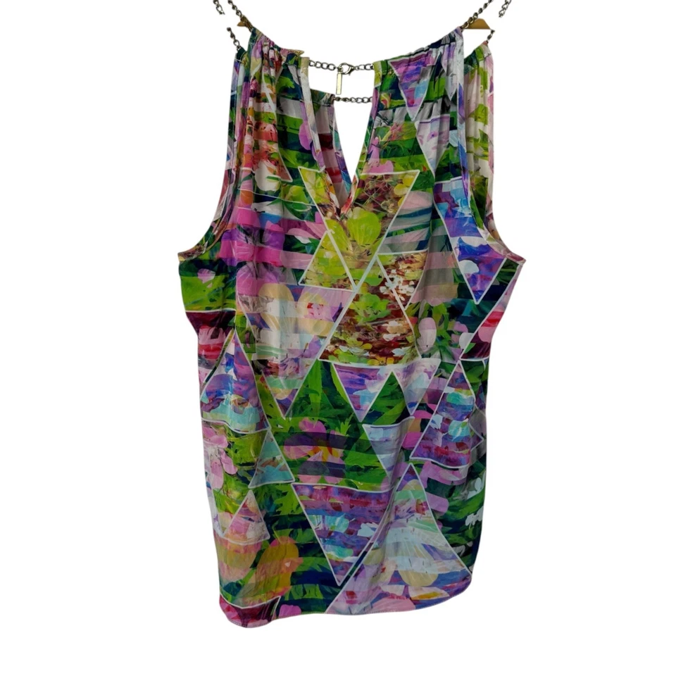 Amanda Uprichard Silk Tank Top Multicolor Geometric Floral Chain Bright Sz P/XS - Image 4 of 4