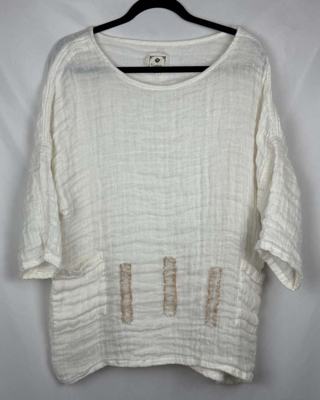 Namsar Gauze Tunic Top Womens One Size White Boho Lagenlook Pocket Blouse Eco