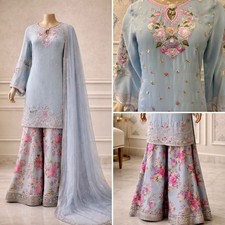 Pakistani Light Blue chiffon Silk fancy Embroidered Sharara Dress,XL