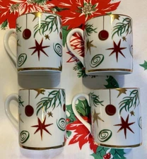 VINTAGE Tiffany Holiday Christmas Tea Coffee Mugs STARS~BAUBLES Japan LOT OF 4