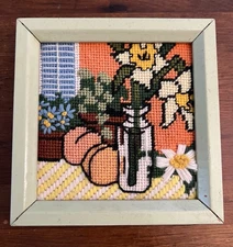 Vintage Retro 1970s MCM Cross Stitch Needle Work Peaches Daffodils In Jar Framed