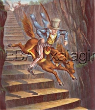 UNCLE SAM America Rides Horse Down Stairs, Antique 1885 Chromolith Print