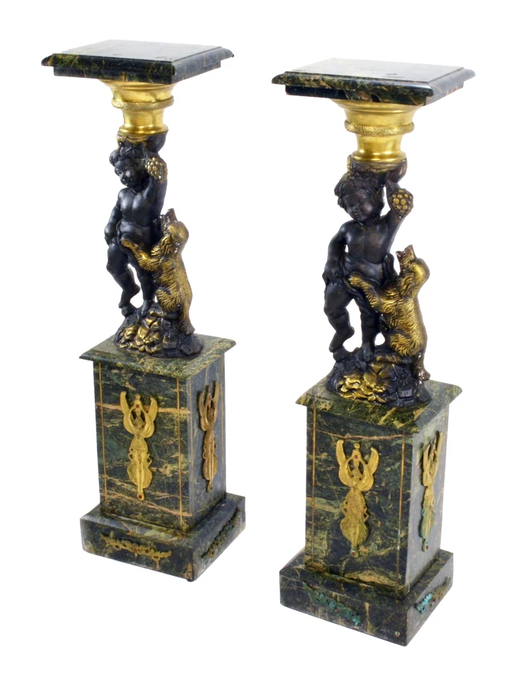 Pair of French Ormolu-Mounted Green Marble Pedestals with Cherub & Dog Figures - Image 2 of 4