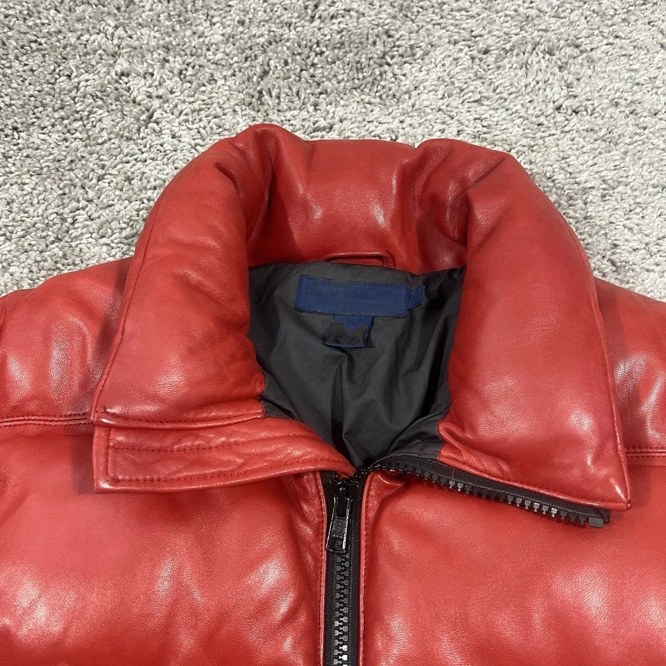 Men’s Red Real Leather Puffer Jacket Vintage Bomber Coat Winter Warm Outerwear - Image 4 of 4