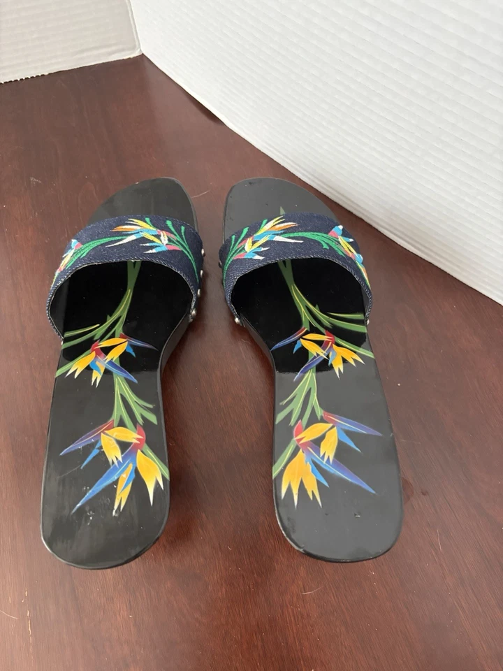 黑色漆皮彩绘天堂鸟高跟鞋懒人凉鞋 Sze 9 — 第 2/4 张图片