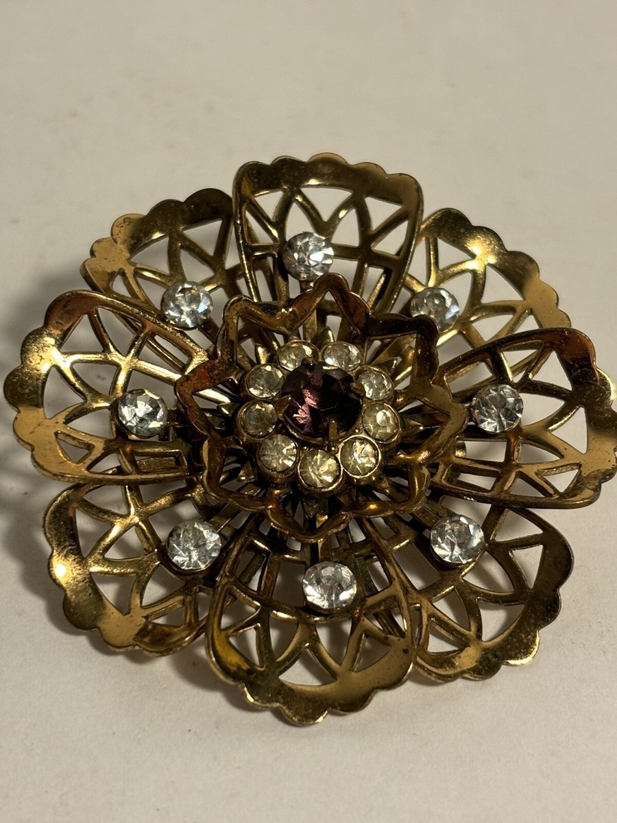 Broche Vintage Coro - Motif Floral étoilé En Rhinestones Clairs Sur Métal Doré, Occasion