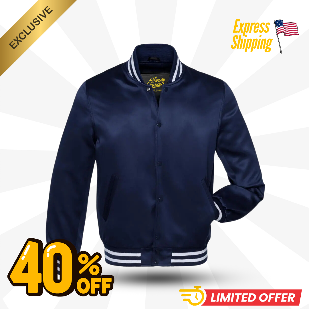 Premium Navy Blue Satin Letterman Bomber Jacket - Durable for Men & Women
