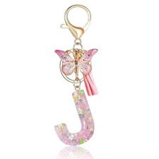 Initial Letter Keychains for Women Cute Pink Keychain with Tassel Pink J