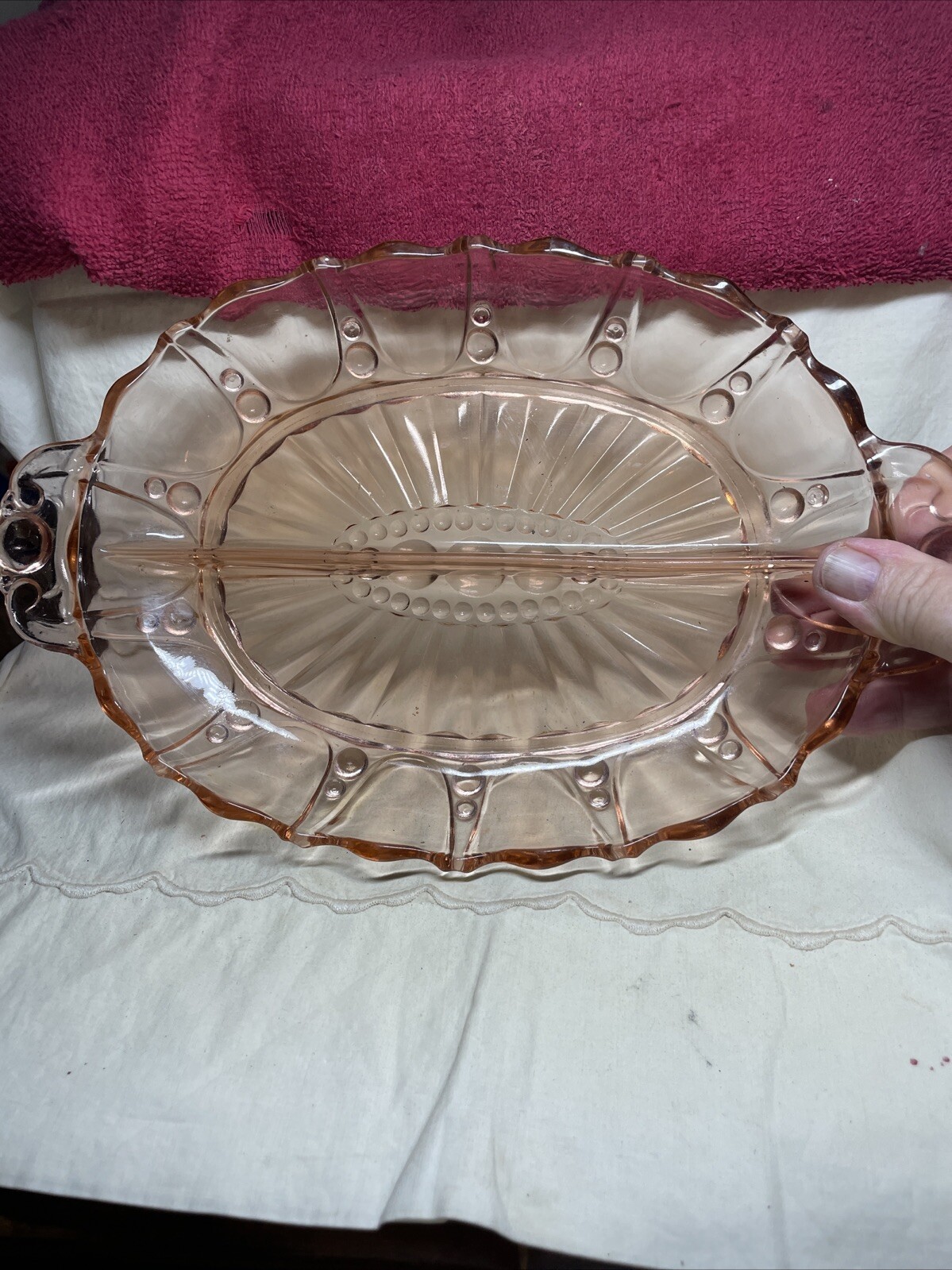 VTG Anchor Hocking Pink Depression Oyster & Pearl Scalloped Divided Relish Dish