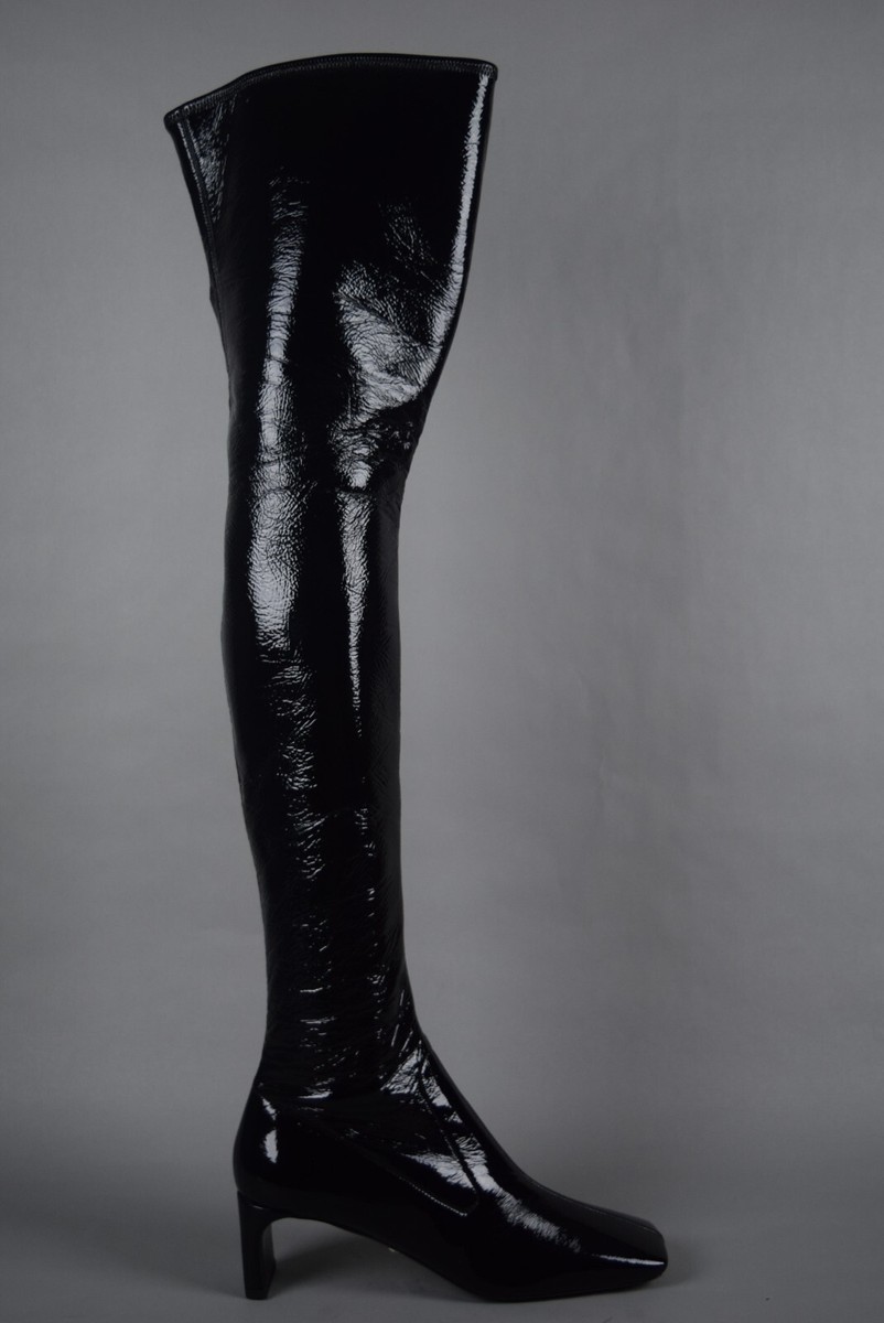 NIB $1200 Prada Naplack Square Toe Shiny Over the Knee Black Boots