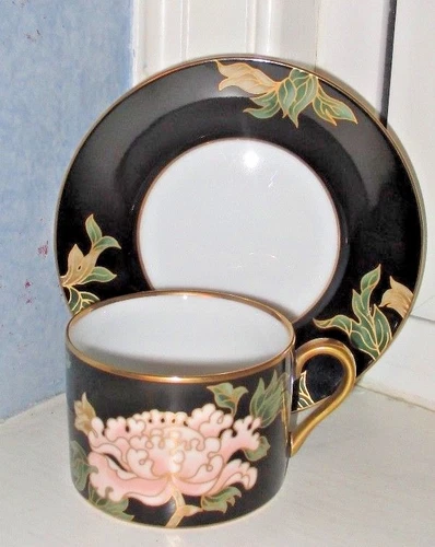 ONE Fitz & Floyd CLOISONNÉ PEONY Cup and Saucer BLACK on WHITE Gold Trim