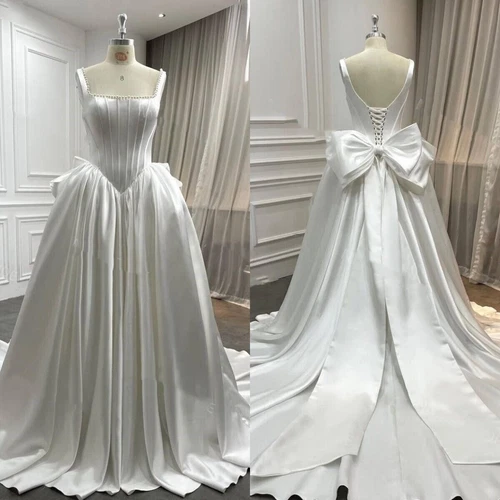 Beading Wedding Dresses with Bow Satin 1970s Vintage Sweep Train Bridal Gowns