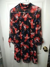 Express woman S dress Black 3/4 Sleeve Red Floral Print.