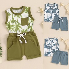 2PCS Toddler Baby Boy Summer Clothes Outfit Tree Print Tops and Shorts Sets