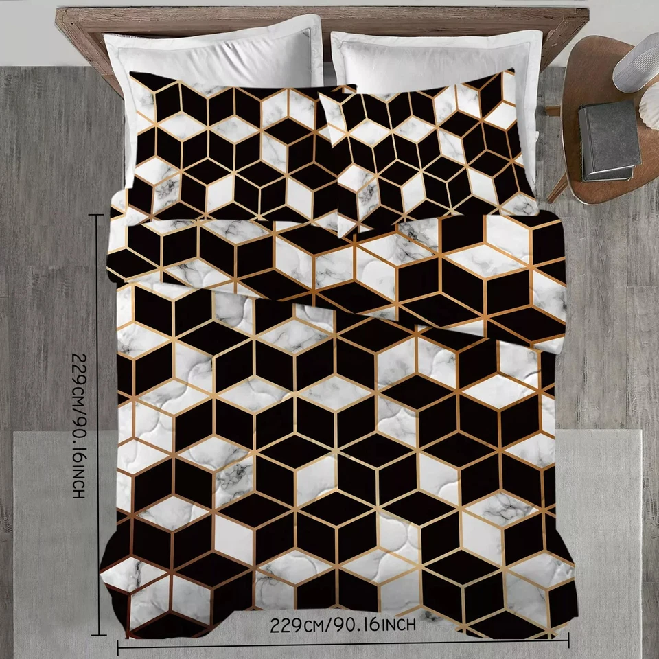 Black White Gold 3Pcs Comforter Geometric Cube Bedding Set Reversible Queen Size - Image 2 of 4