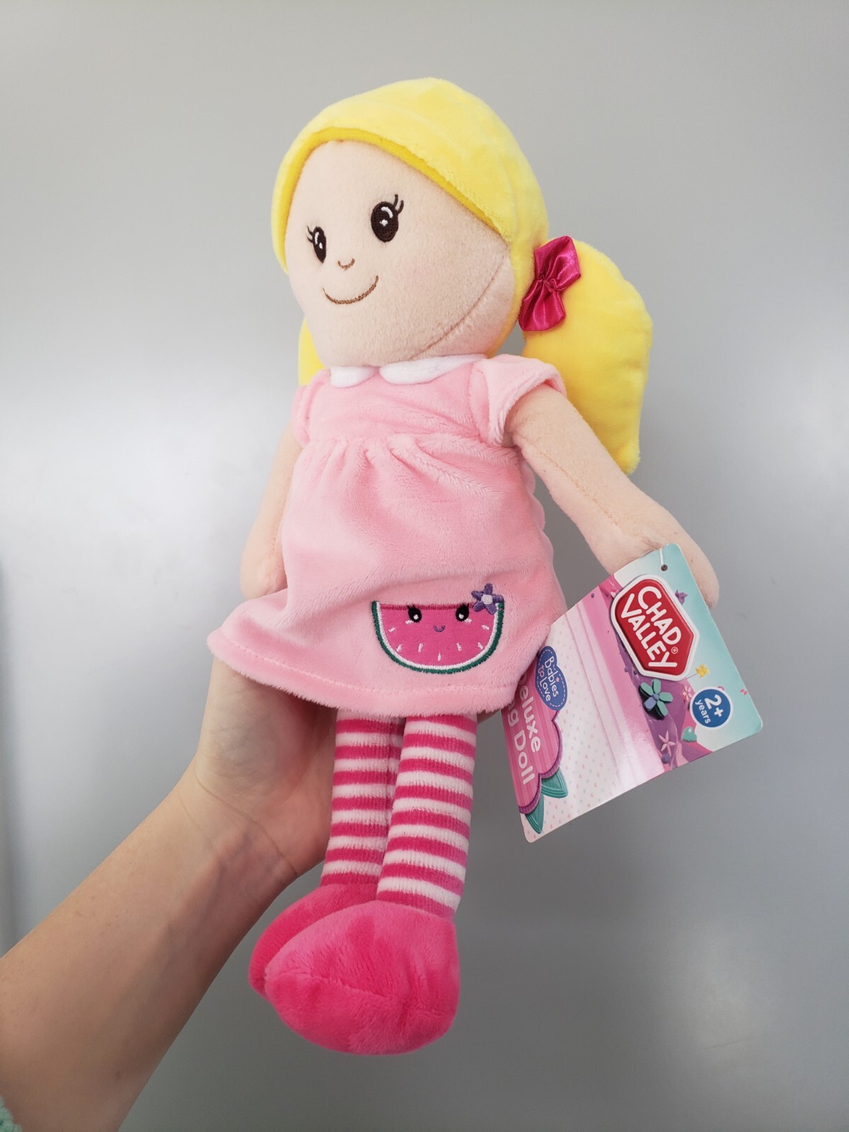 Argos Soft Toy Dolly Doll Plush blonde Hair pink watermelon Dress melon