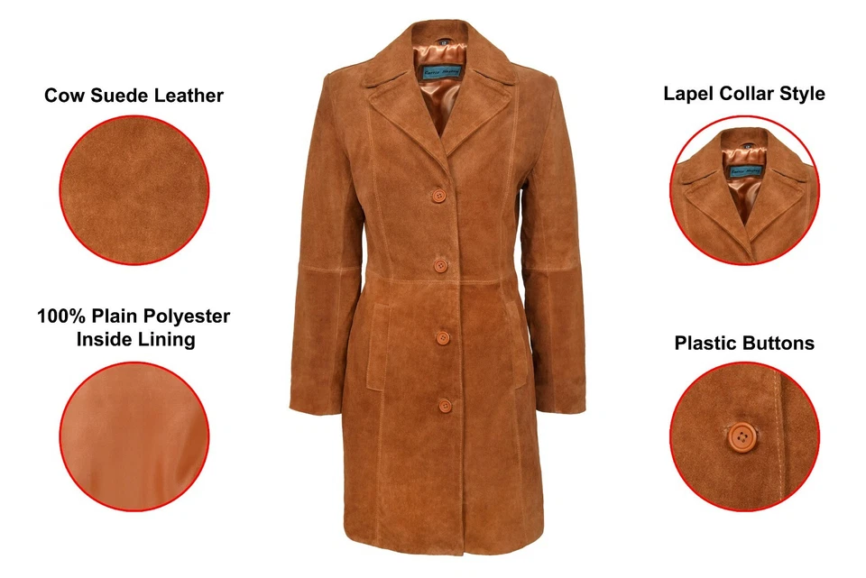 Ladies Leather Coat Tan Classic Knee-Length Designer Suede Leather Coat 3457 - Image 3 of 4