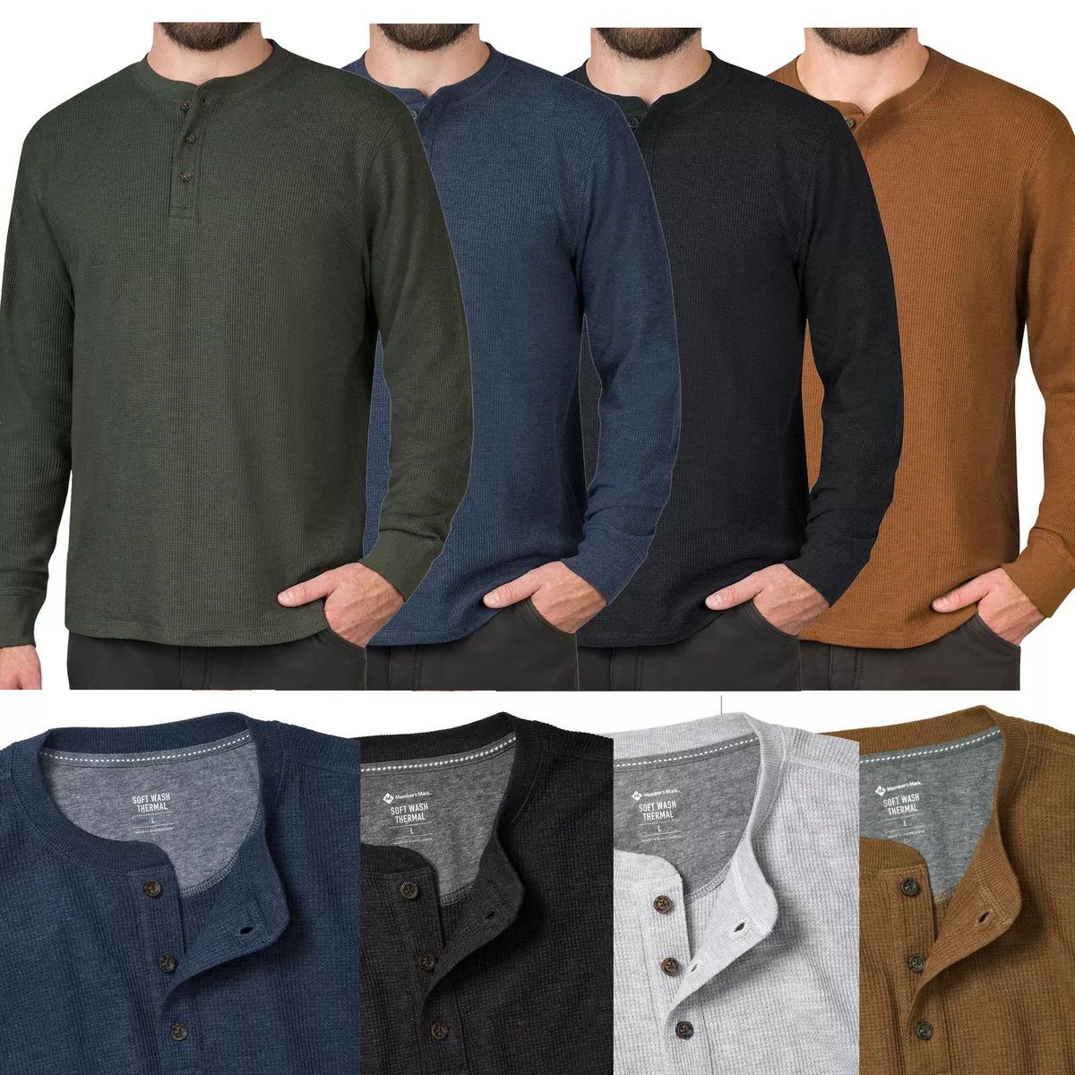 Mens Henley Long Sleeve T-Shirt Thermal Grandad Waffle Knit Warm Winter  Cuff Tee