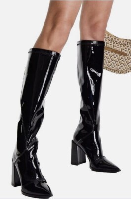 Glamorous Wide Fit Block Heel Knee High Boot Black Patent Leather Stretch  UK UK