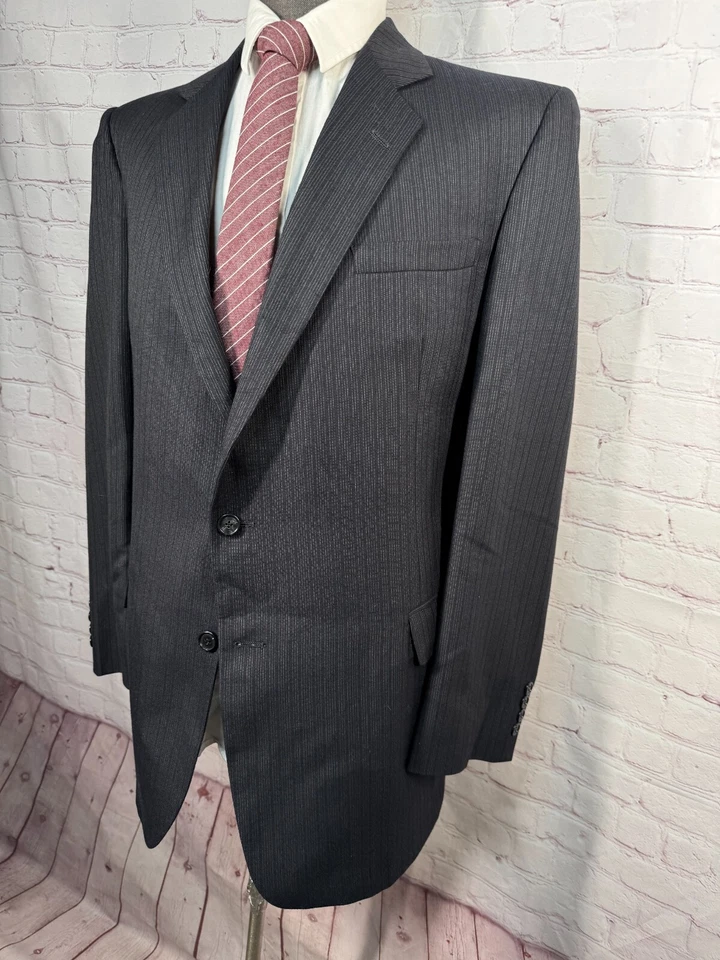 PIERRE CARDIN Mens Black Stripe Wool Flat Front 2pc Suit 41L Jacket 36x29 Pant - Image 3 of 4