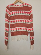 Vintage Hewlett Knitting Mills Flower Power Sweater Size Medium Red Ivory Gold