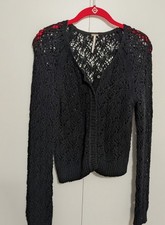 Free People Black Open Knit Crochet Sweater Cardigan w/ Snaps M