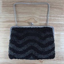 Vintage Walborg Silver Black Gray Beaded Satin Evening Bag Silver Hardware Chain