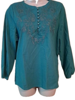Top Blouse MingXuan 2XL NEW Very Pretty Embroidered Cotton Teal Color Casual
