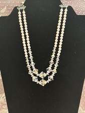 Vtg Double Strand Pearl Aurora Borealis Austrian Crystal Graduated Choker 12-14
