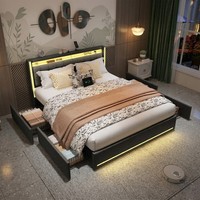 Doppelbett 140X200Cm Polsterbett Mit Stauraum 4 Schubladen Mit Led&Usb Kopfteil.