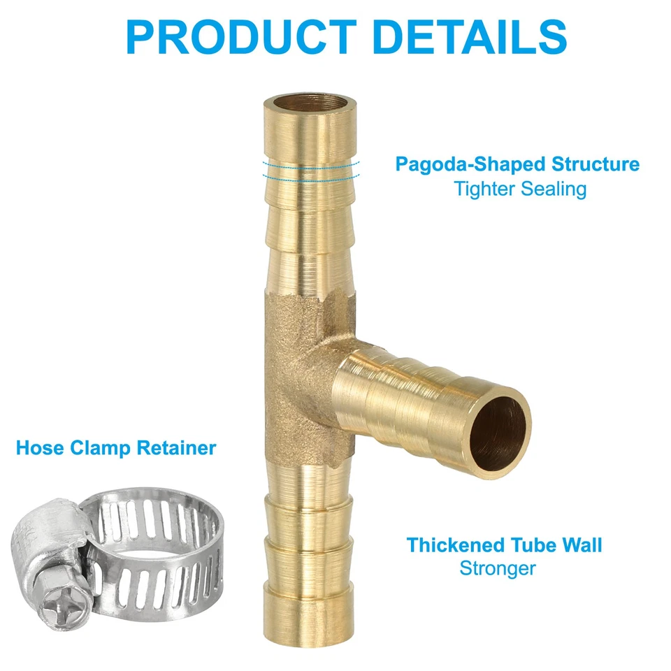 5/16" Brass Tee Barb Hose Fitting Adapter Barbed Split with Clamps, Golden - Image 4 of 4