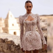Exquisite Beaded Lace Wedding Dress High Neck Ivory Short/Mini Bridal Gown