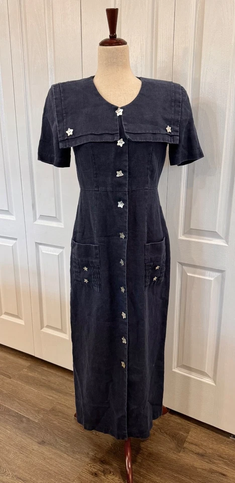 Maxi Vestido Marinero Vintage Jessica Howard Talla 4-6, 100% Lino, Impresionante Foto 4 de 4