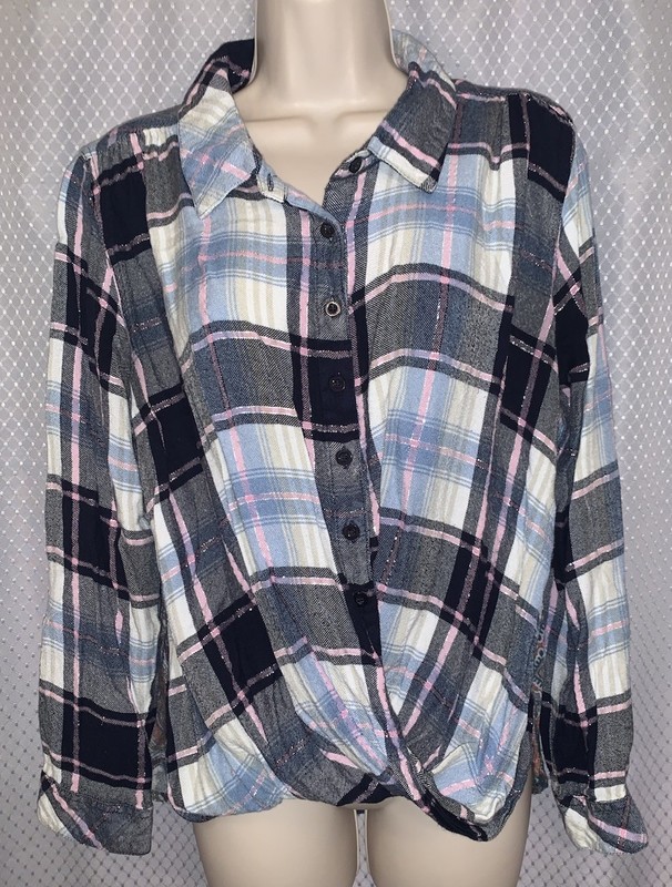 Tolani Collection Pullover Plaid Top with Printed Back Navy