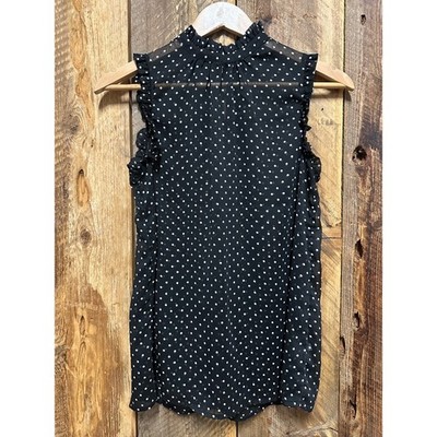 Who What Wear Polka Dot Ruffle Sleeveless Blouse XS Black White Cottagecore Chic