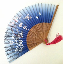 Japanese Bamboo Silk Hand Fan in Butterfly and PLum FLower Graphics design