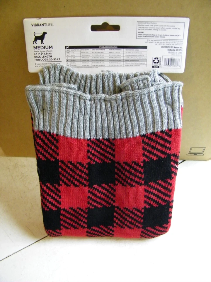 Vibrant Life Knit Warm Red and Black Plaid Dog Sweater NEW Size M - Image 2 of 2