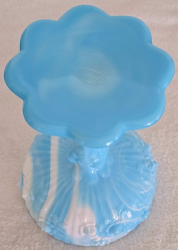 Vintage Fenton Pedestal Blue Glass Swag with Cabbage Roses-7.5 inch H-6 inch W - Picture 8 of 16