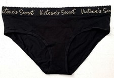 Victoria's Secret Hiphugger Panty Black w/ Gold Logo Band Cotton Blend L